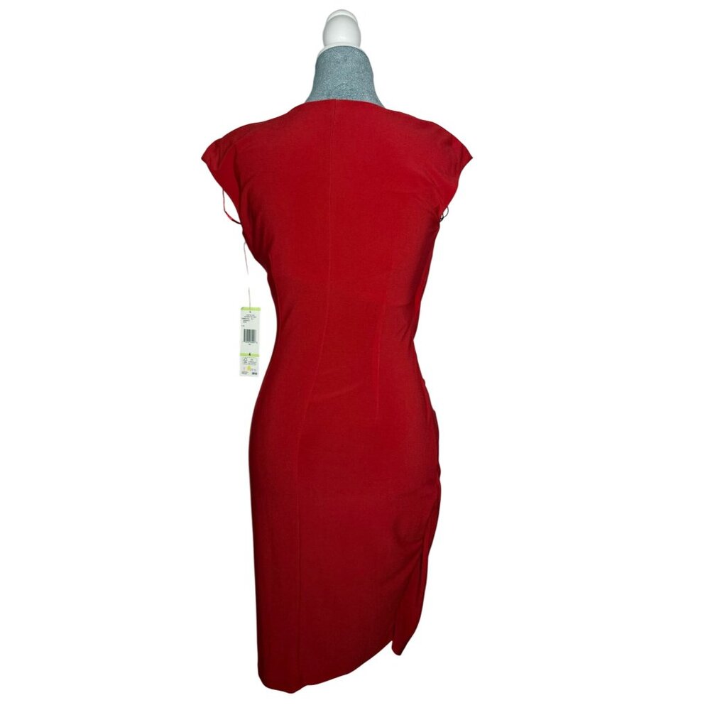 Evan-Picone-Women's Red Ruched Ruffle V-Neck Cocktail Dress Size 4 NWT - Picture 2 of 9